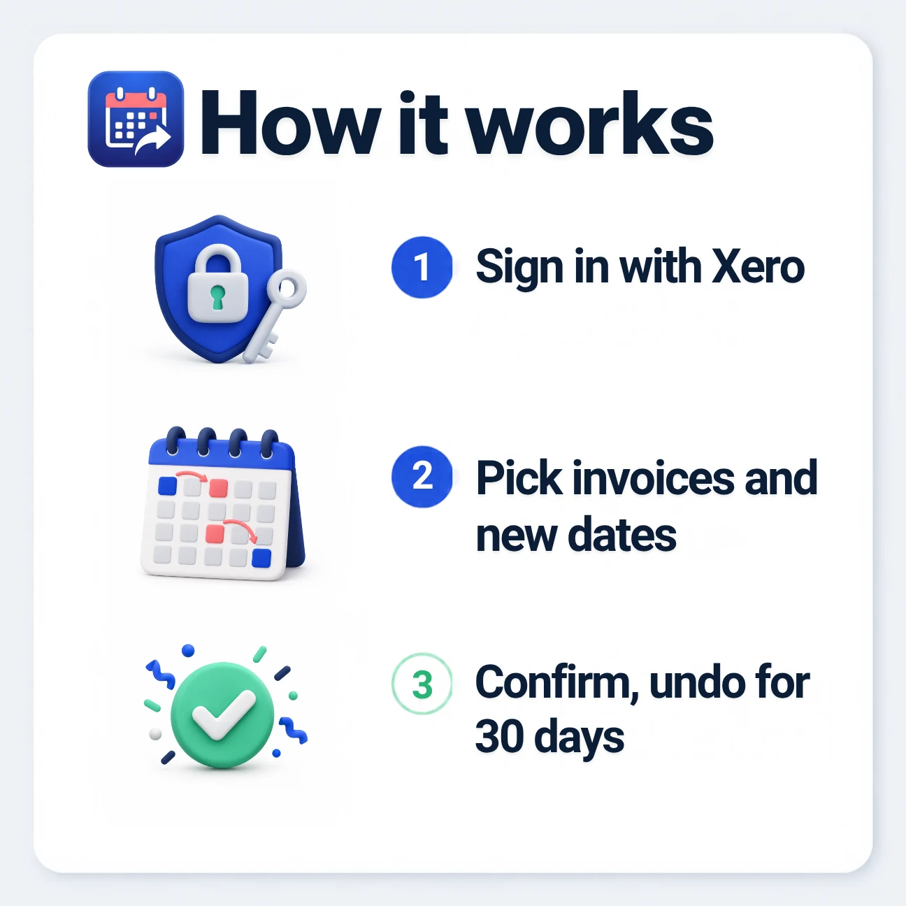 How it works: sign in with Xero, pick invoices and new dates, confirm with undo for 30 days.