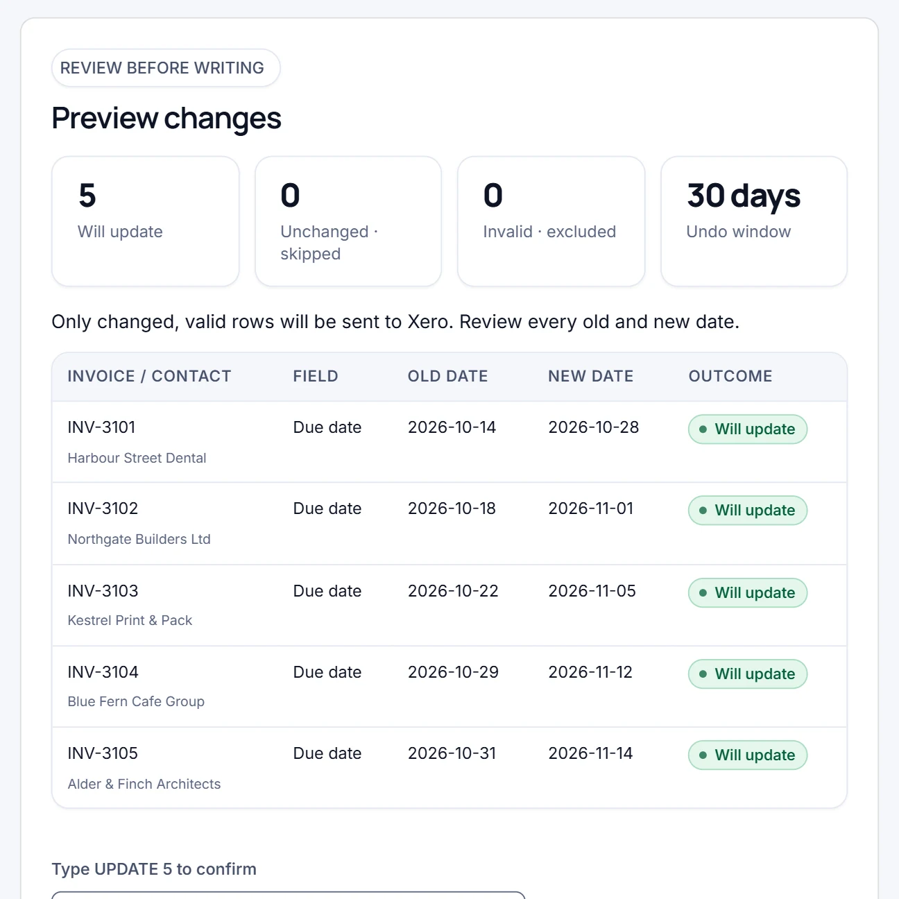 Real Duemend preview with sample data: each chosen invoice with its old and new due date, and the word to type.
